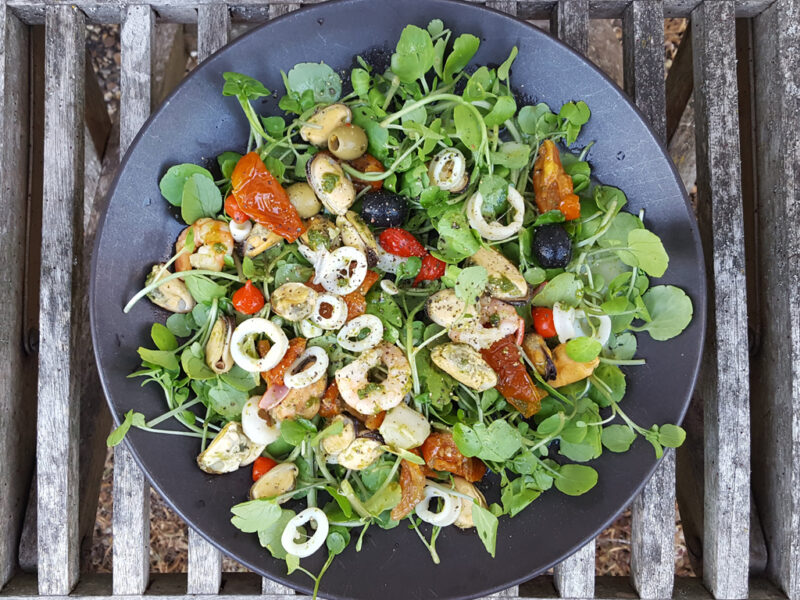 Pesto seafood and watercress salad