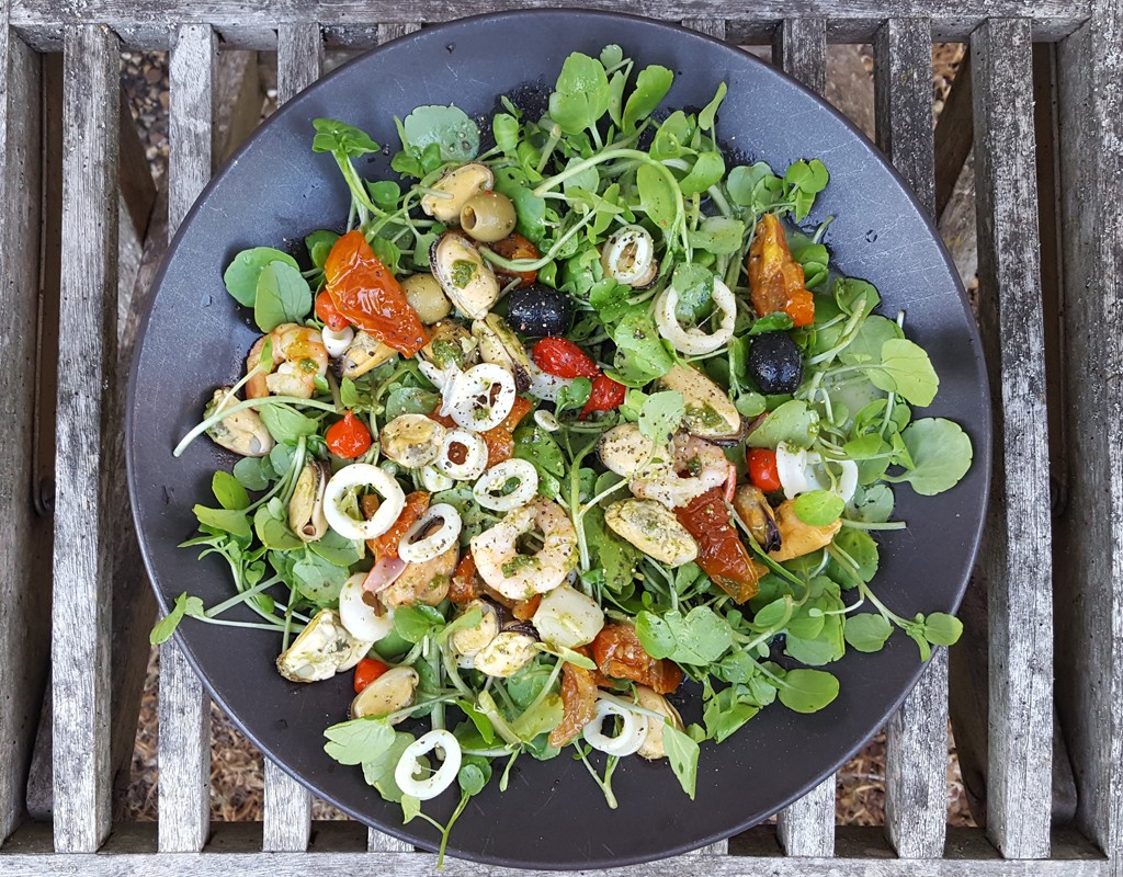 Pesto seafood and watercress salad