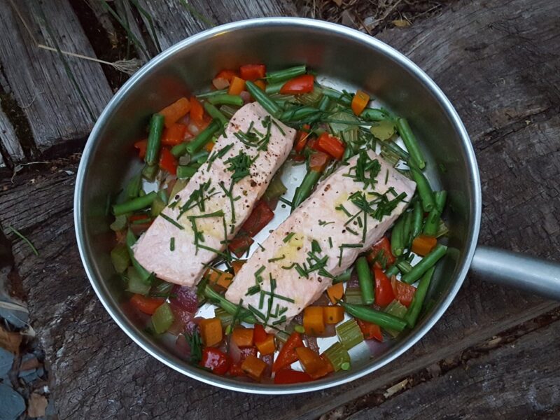 Sautéed vegetables with trout