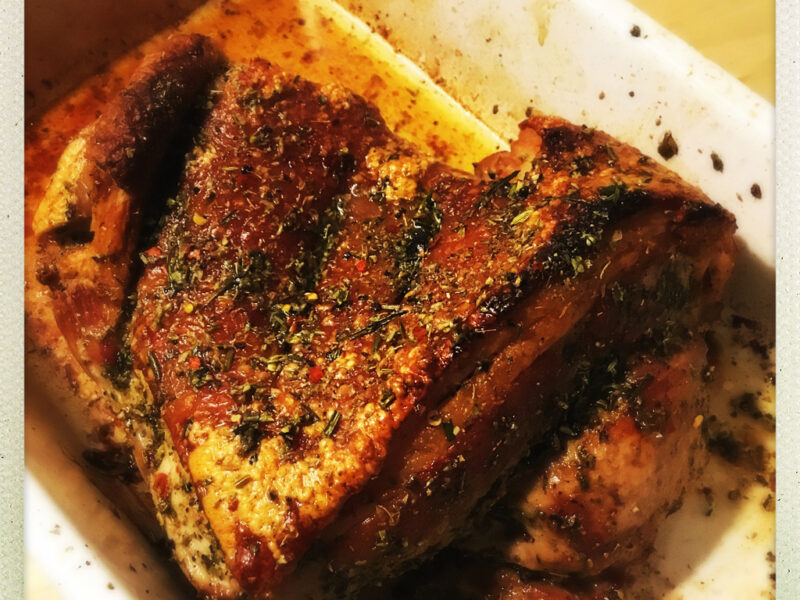 Herb crusted slow roasted leg of pork