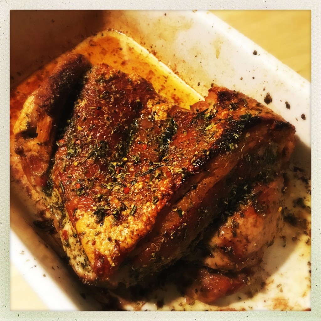 Herb crusted slow roasted leg of pork