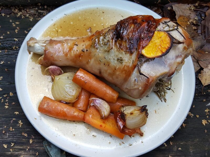 Roast turkey drumstick with herbs and mandarin