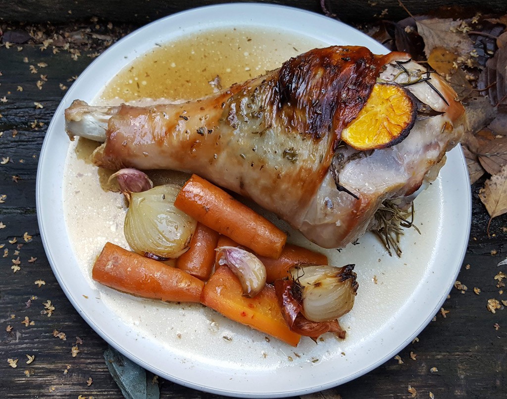 Roast turkey drumstick with herbs and mandarin