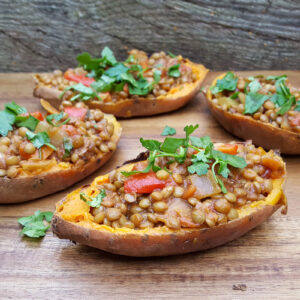 Double baked sweet potatoes with spiced lentils