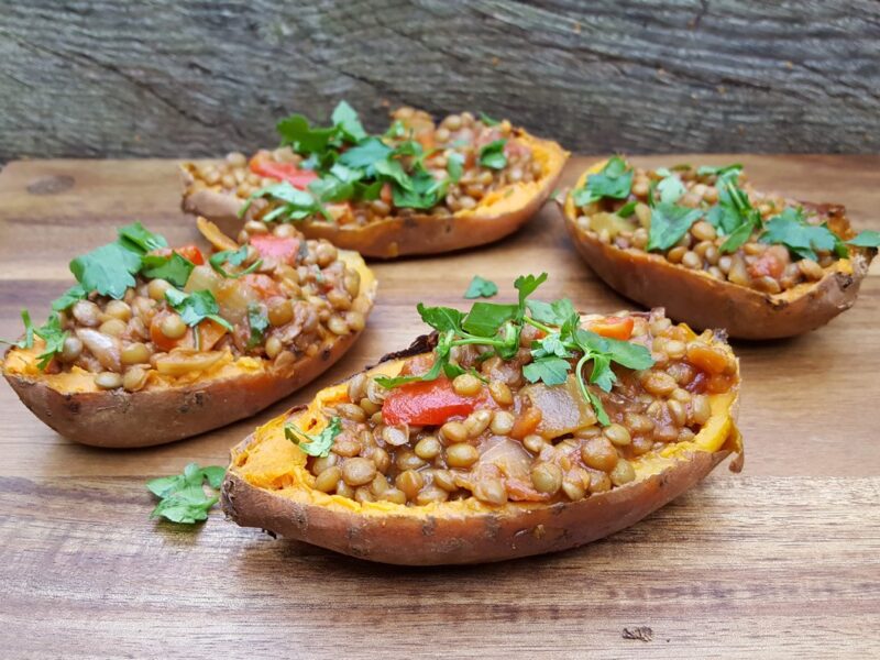 Double baked sweet potatoes with spiced lentils