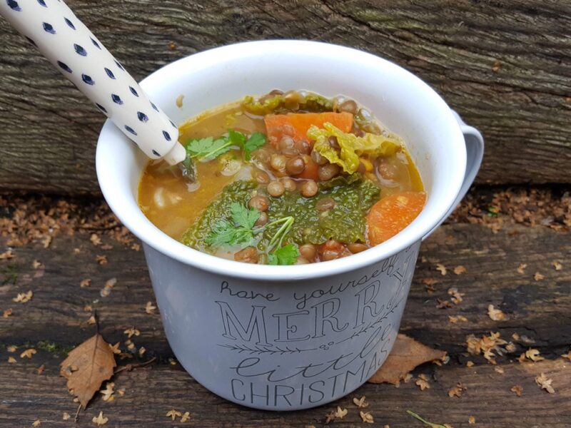 Lentil soup with sweet potato, cabbage & Pancetta