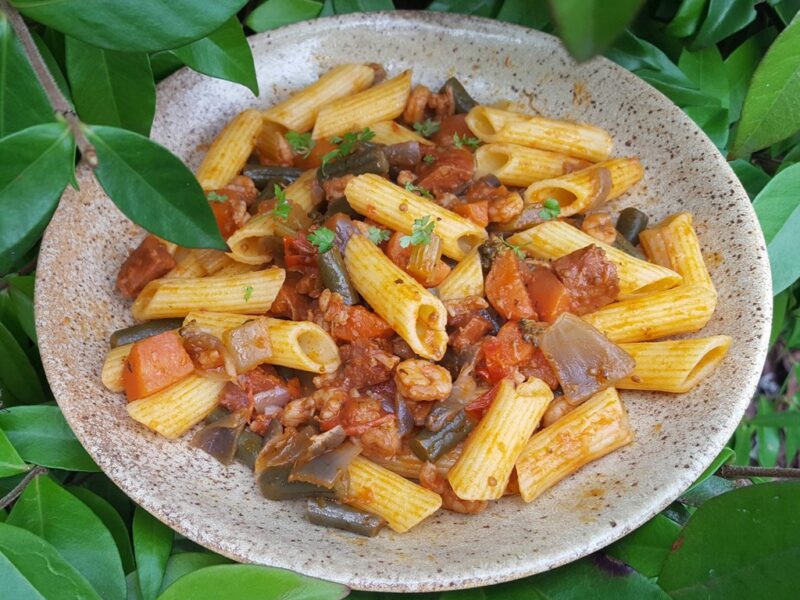 Pasta with chorizo and shrimps