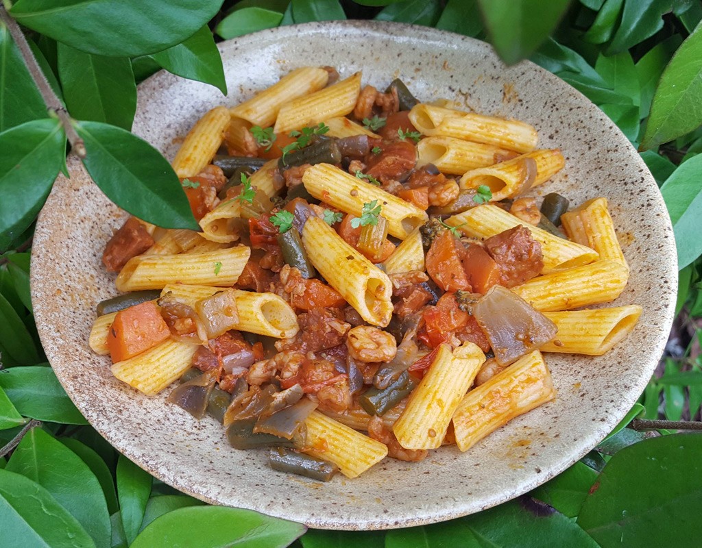 Pasta with chorizo and shrimps