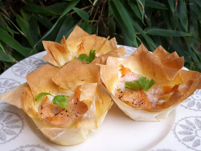 Smoked salmon and cheese filo tarts