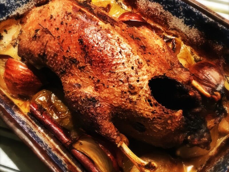 Spiced, cider roasted wild duck with apple