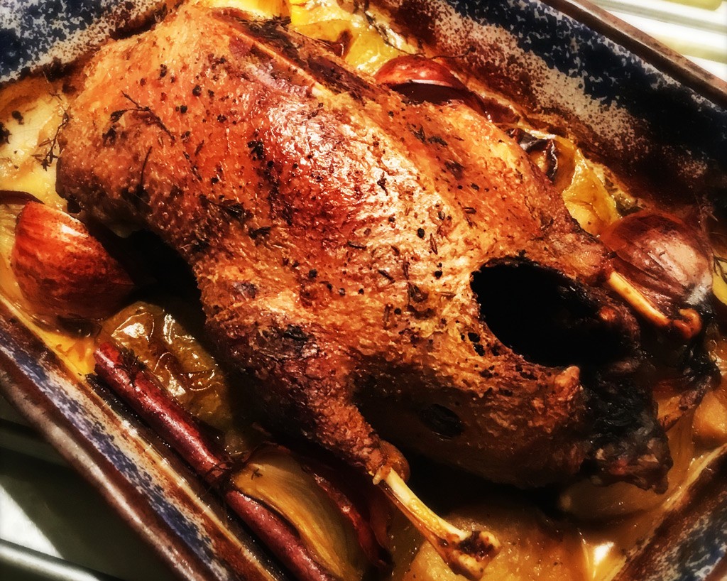 Spiced, cider roasted wild duck with apple