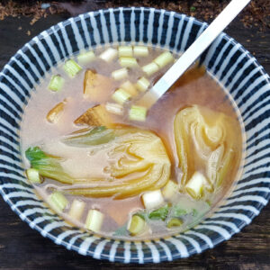 Miso soup with pak choi and sesame tofu