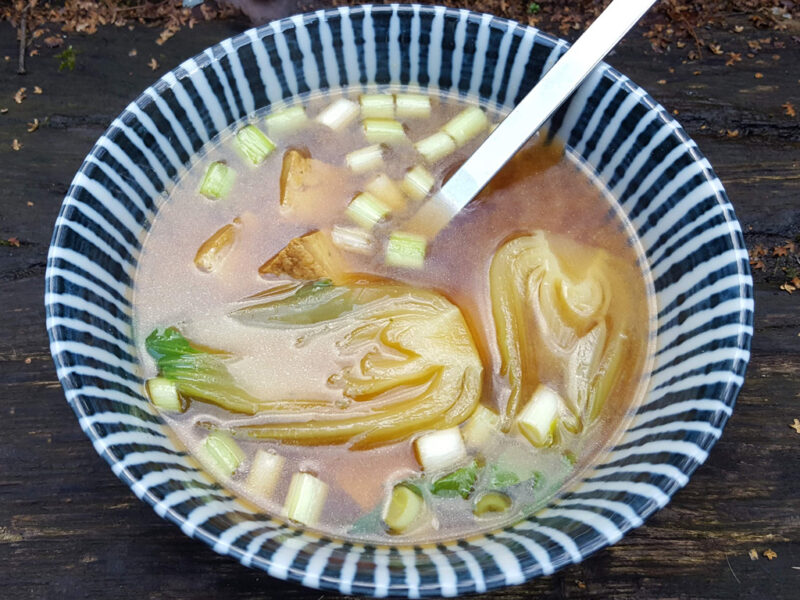 Miso soup with pak choi and sesame tofu