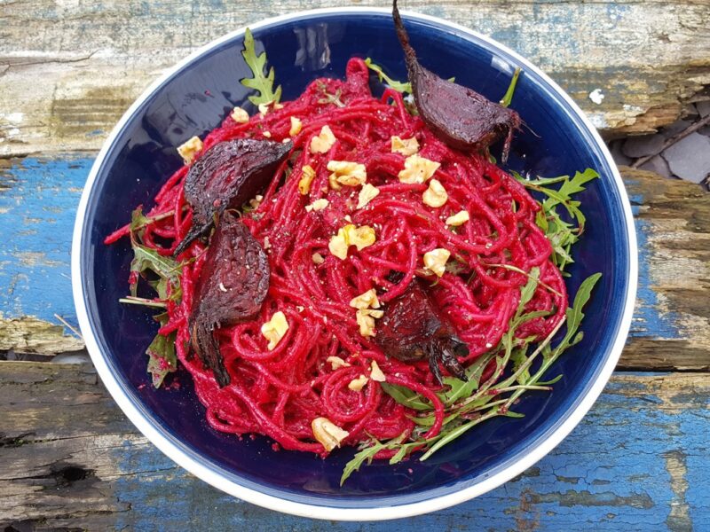 Pasta with roasted beetroot and walnut pesto