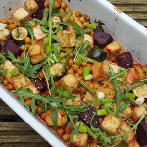 Tofu and chickpea tray-bake with vegetables