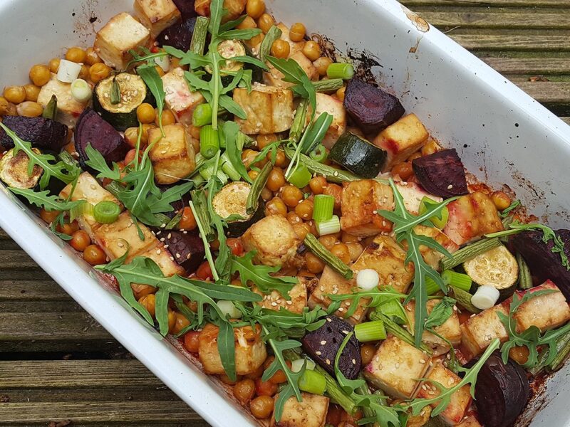 Tofu and chickpea tray-bake with vegetables