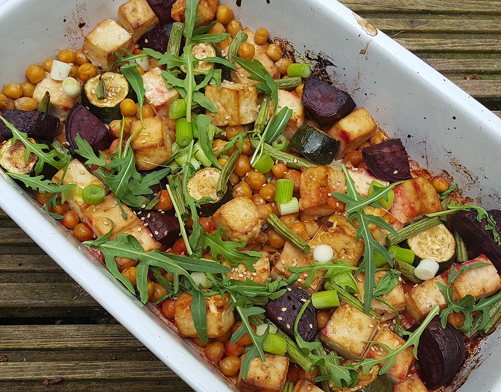 Tofu and chickpea tray-bake with vegetables