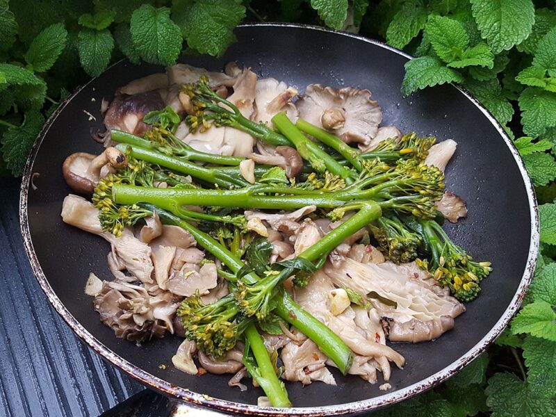 Sautéed mixed mushrooms with tenderstem broccoli