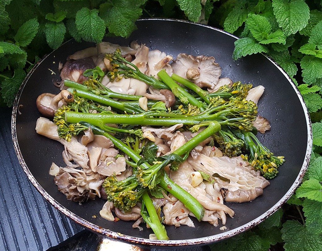 Sautéed mixed mushrooms with tenderstem broccoli