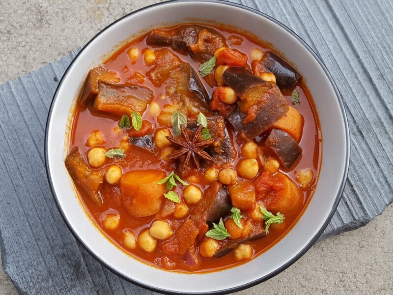 Harissa aubergine with chickpeas