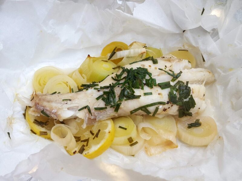 Baked monkfish with lemon and leek