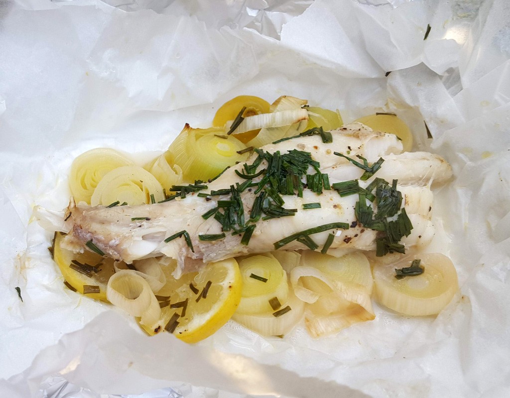 Baked monkfish with lemon and leek