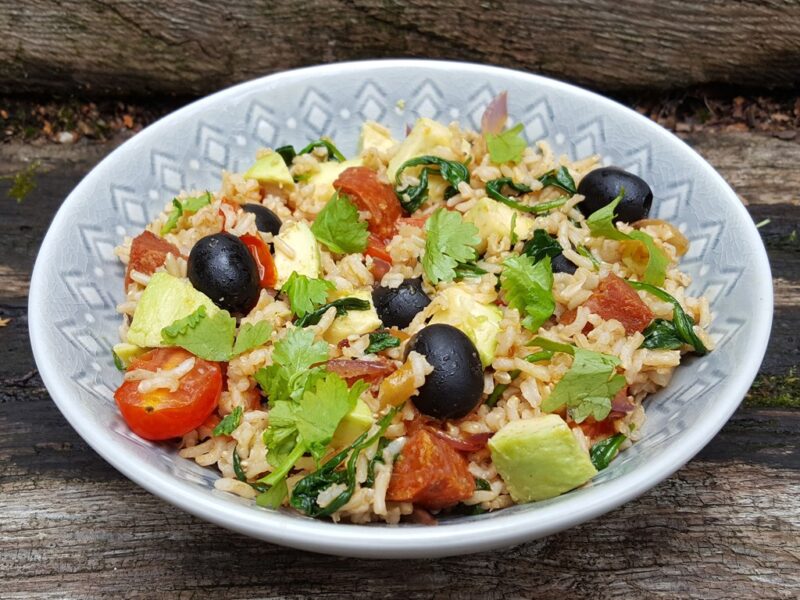 Chorizo rice with avocado