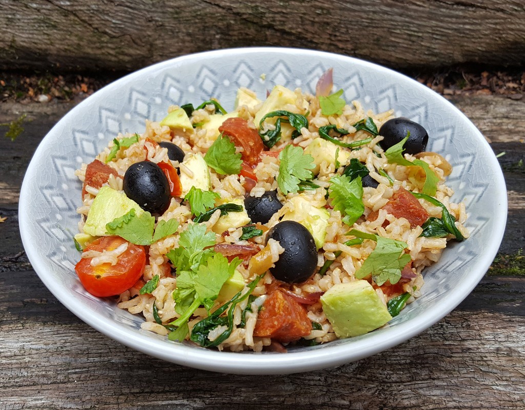 Chorizo rice with avocado