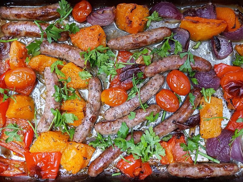 Chipolatas and squash tray bake