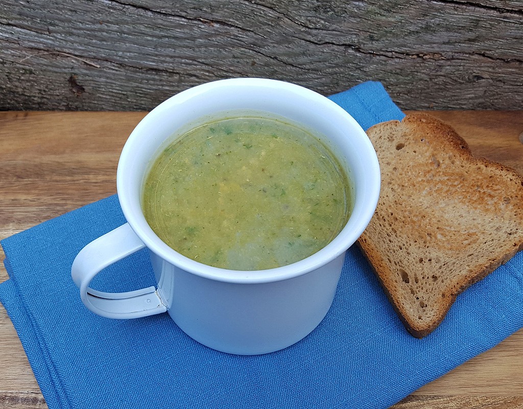 Roasted garlic aubergine and broccoli soup