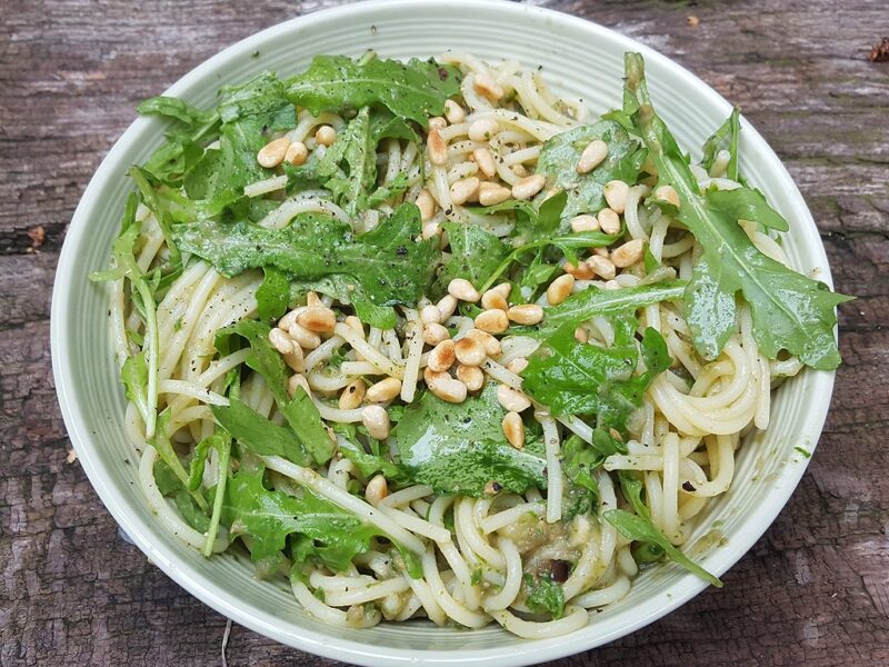 Roasted aubergine and rocket pasta