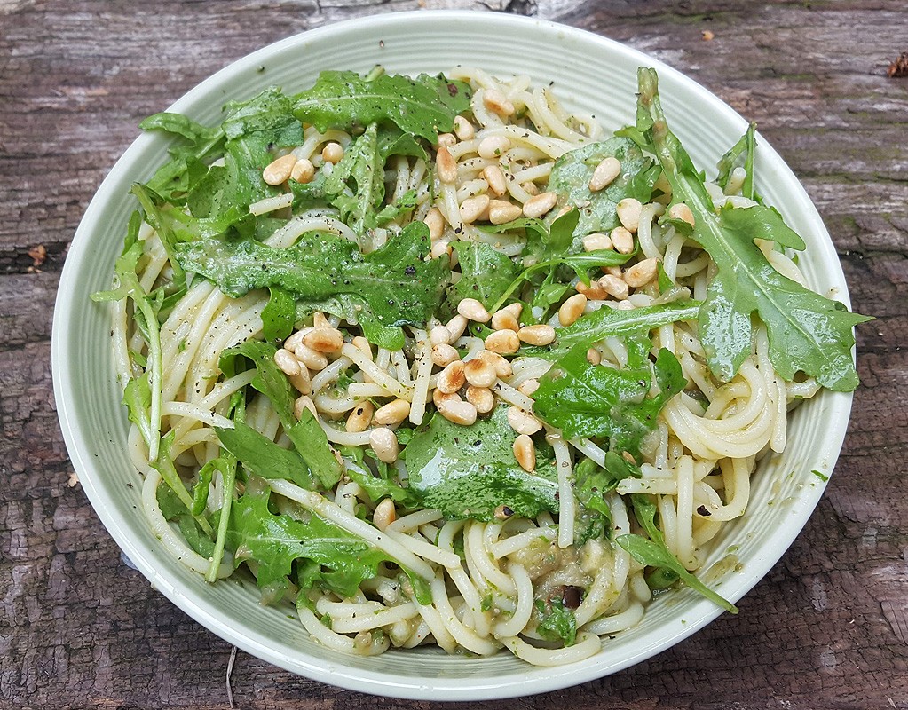 Roasted aubergine and rocket pasta