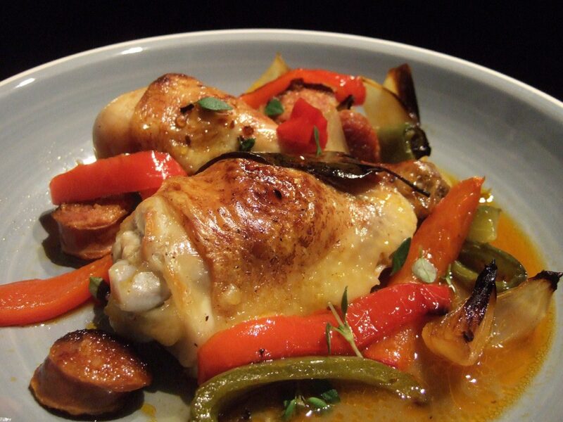 Baked chicken leg with chorizo and bell pepper