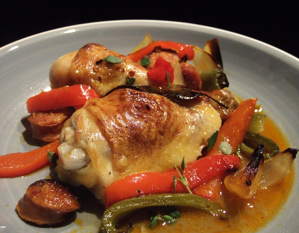 Baked chicken leg with chorizo and bell pepper