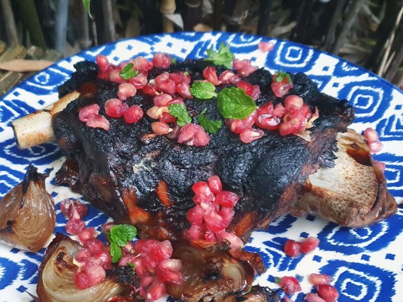 Slow-cooked lamb with pomegranate glaze