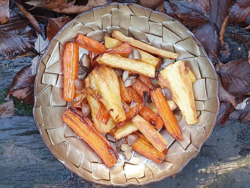 Maple roasted carrot and parsnip with chestnuts