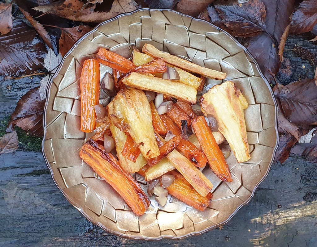 Maple roasted carrot and parsnip with chestnuts