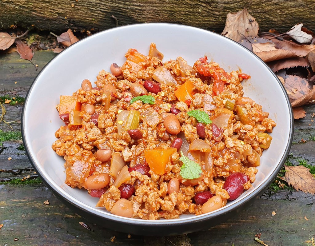 Plant-based mince and mixed beans chilli