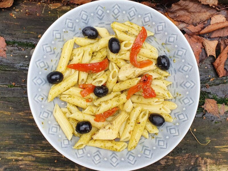 Roasted artichoke and red pepper pasta