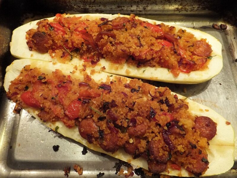 Chorizo and couscous stuffed marrow