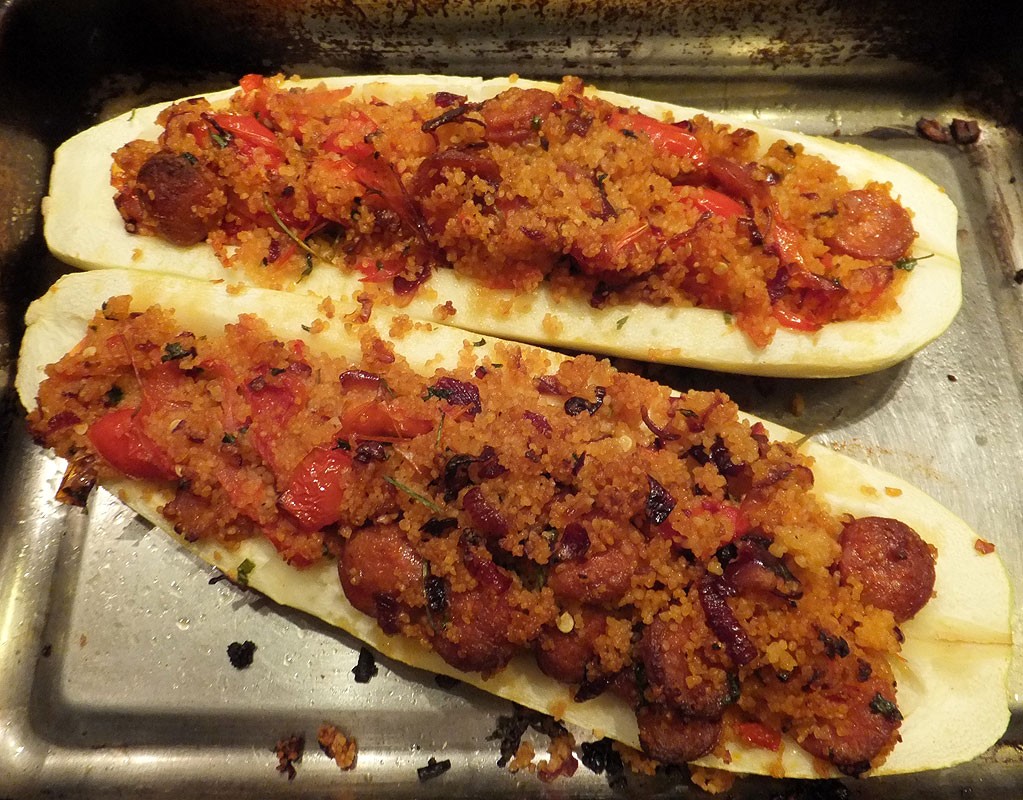 Chorizo and couscous stuffed marrow