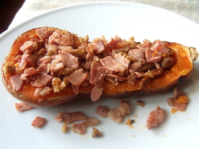 Roasted butternut squash with bacon and walnuts