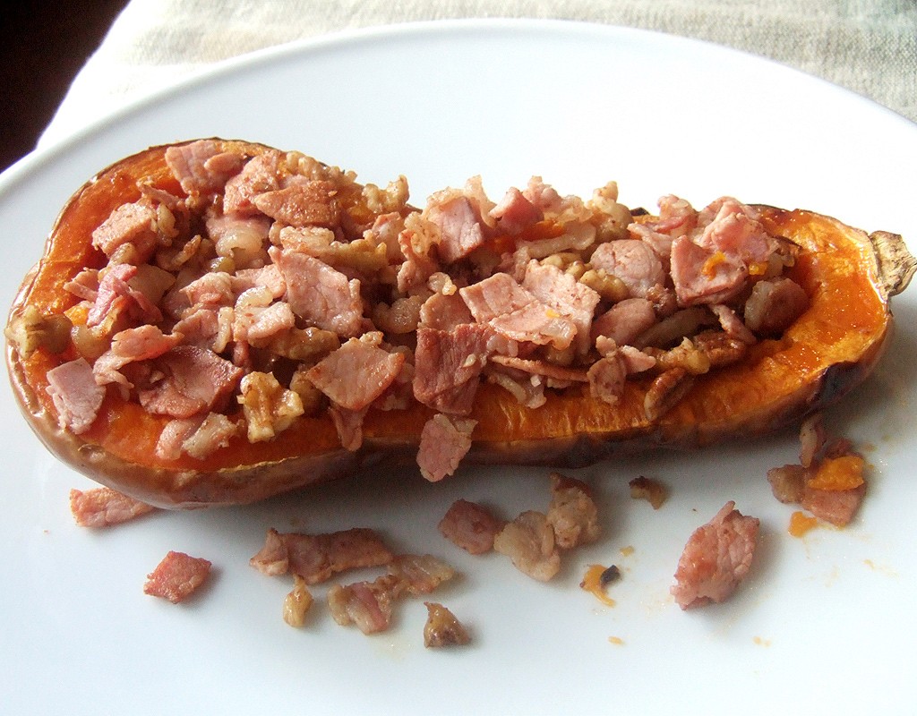 Roasted butternut squash with bacon and walnuts