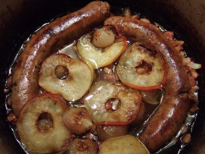 Sausage and apple braised in cider