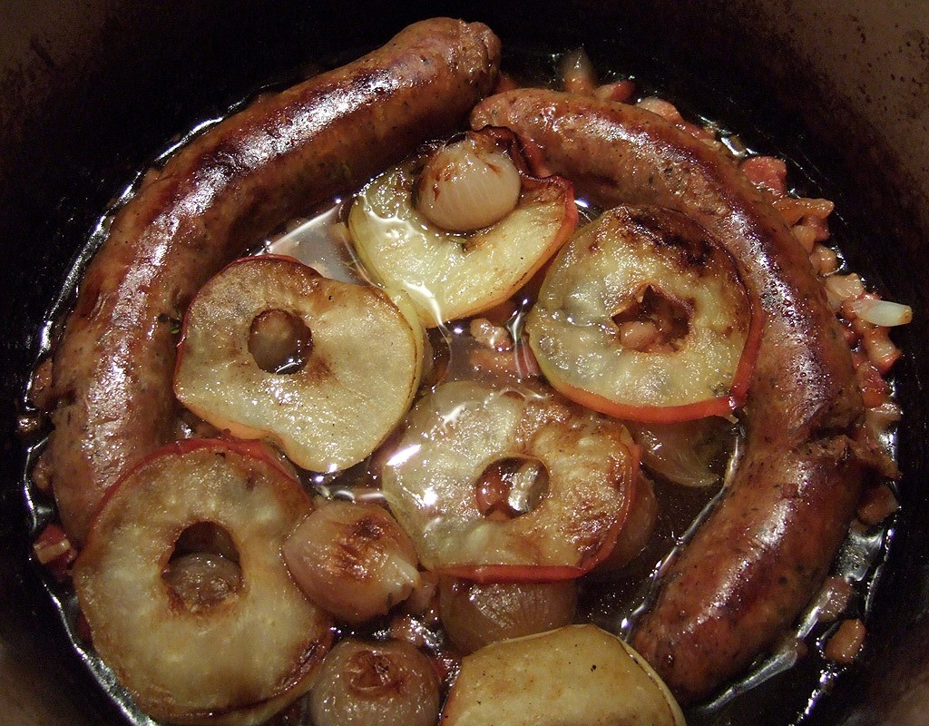 Sausage and apple braised in cider