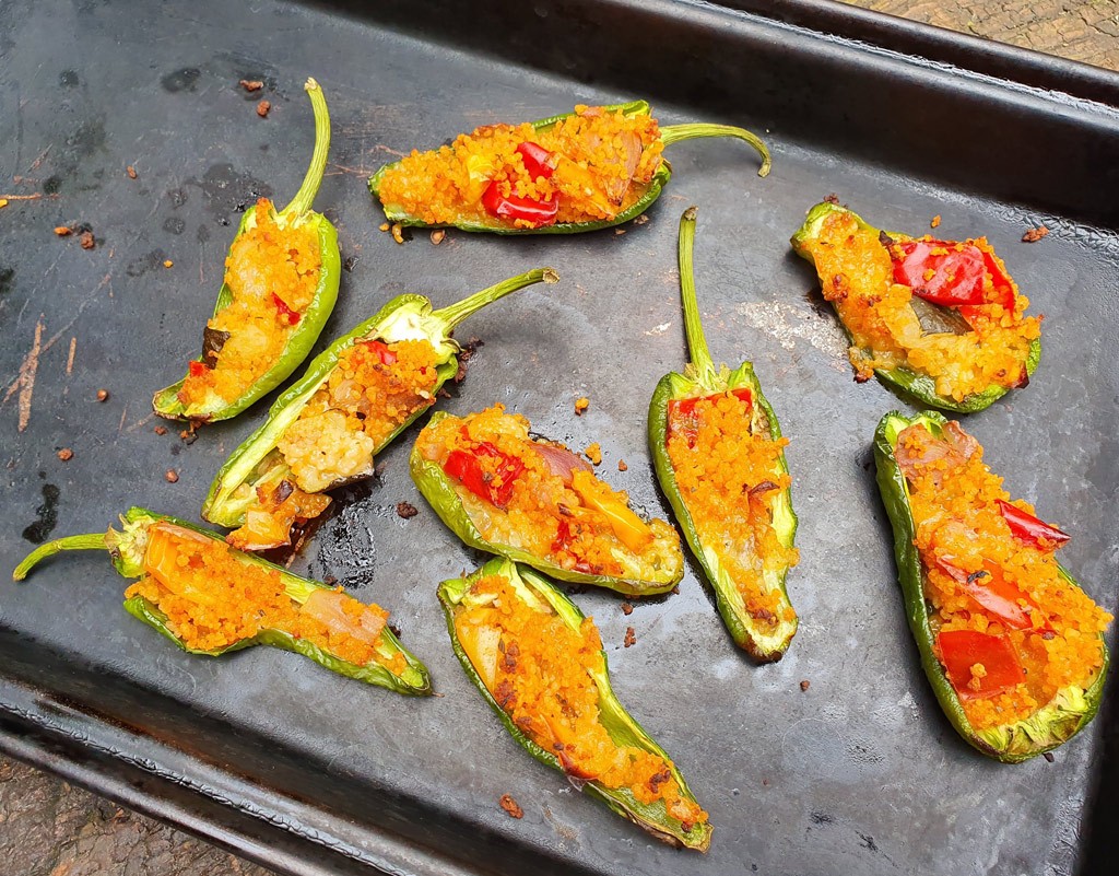 Couscous and feta stuffed padron peppers