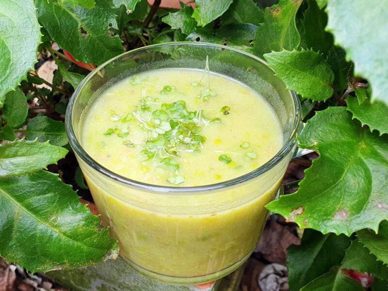 Potato and leek soup with green peas