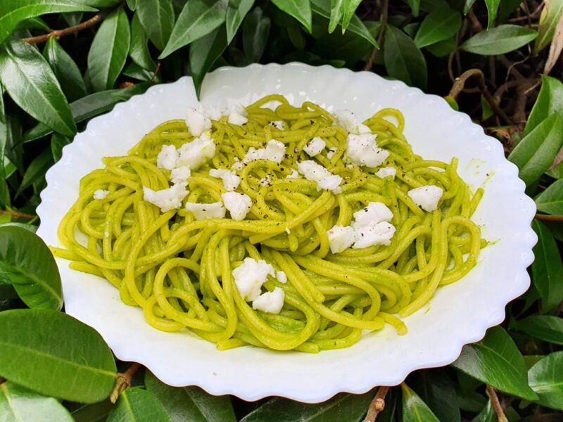 Vegan watercress and feta pasta