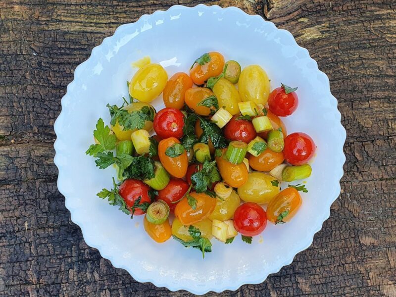 Balsamic rainbow tomato salad