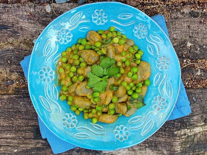 Gnocchi with sweet potato sauce and peas